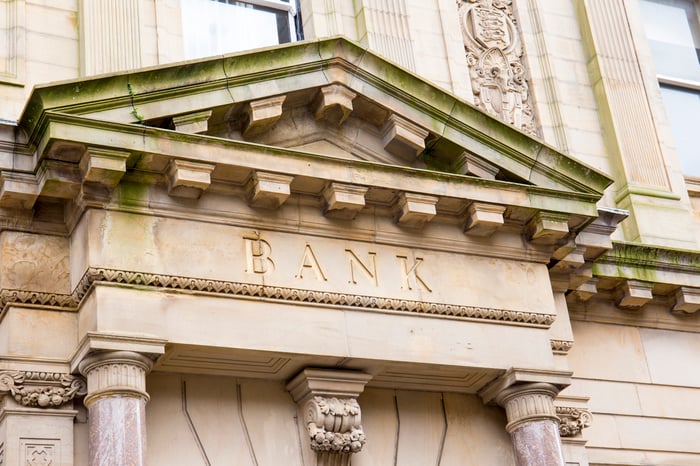 The facade of a bank.