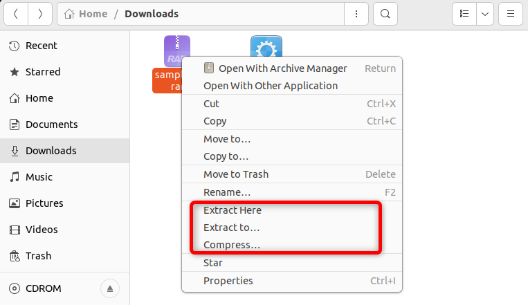 context menu showing different options of the 7zip tool in nautilus file manager