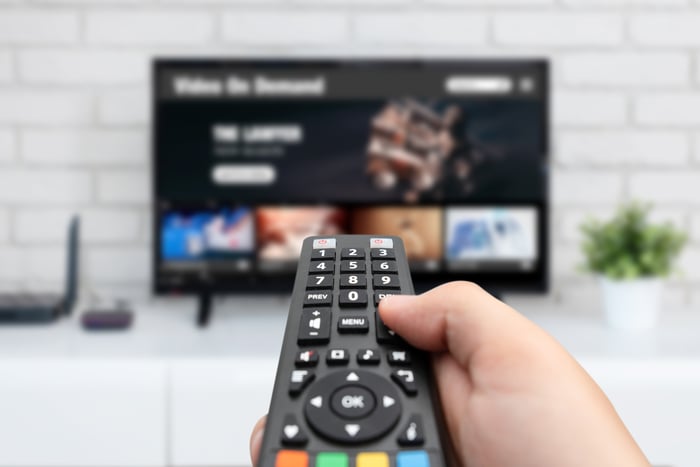 A person holding a remote facing a smart TV.