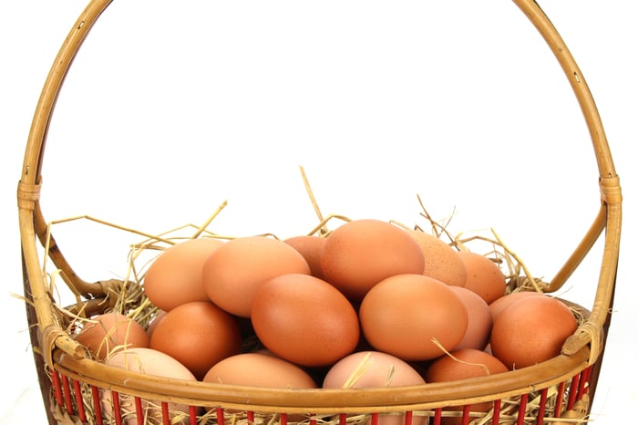 A large basket filled with eggs.