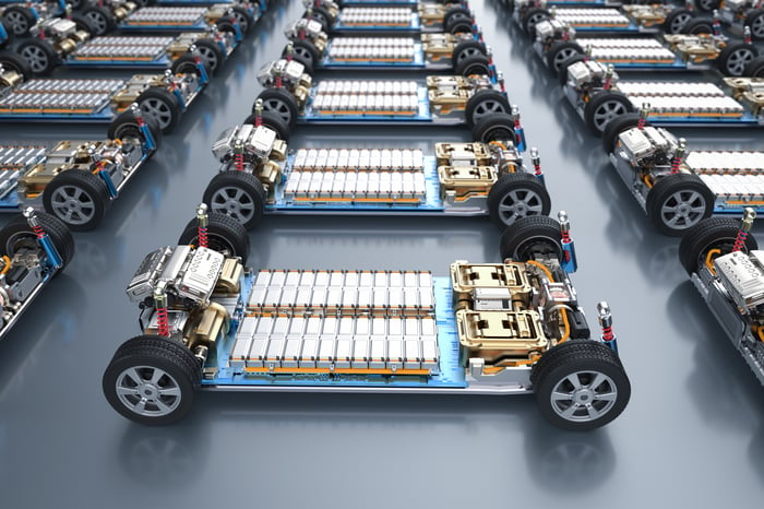 Rows of electric vehicle powertrains.