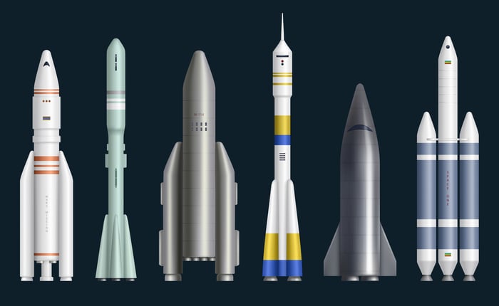 Row of rockets of various shapes and sizes.