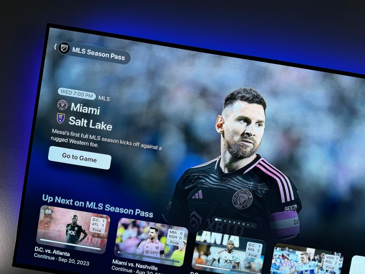 Lionel Messi seen on a promo for MLS Season Pass on a TV.