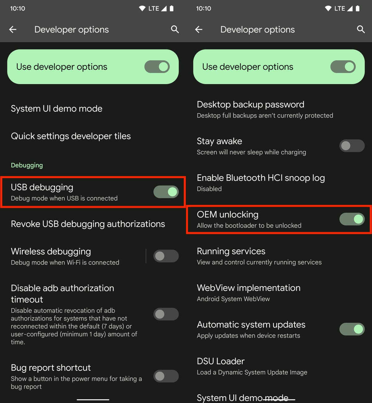 USB debugging and OEM unlocking on Android
