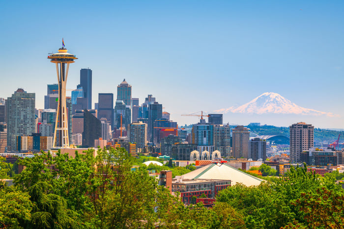 Seattle skyline with Mount Rainier in the background.