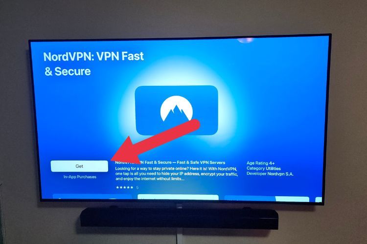 A TV showing the app page for NordVPN's Apple TV app