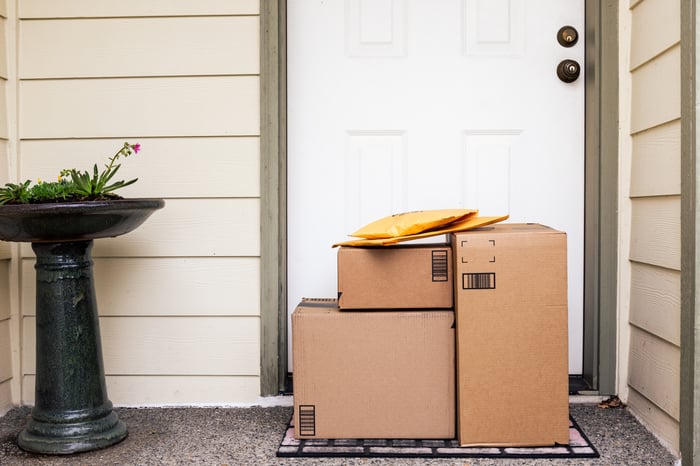 Packages delivered to someone's doorstep.