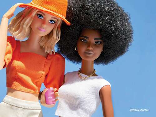 Black Barbie and white Barbie, with white Barbie holding a phone