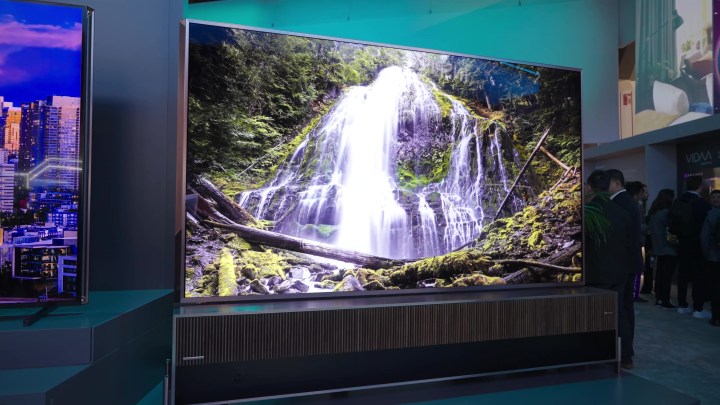 A waterfall scene shown on a Hisense 110-inch UX TV.