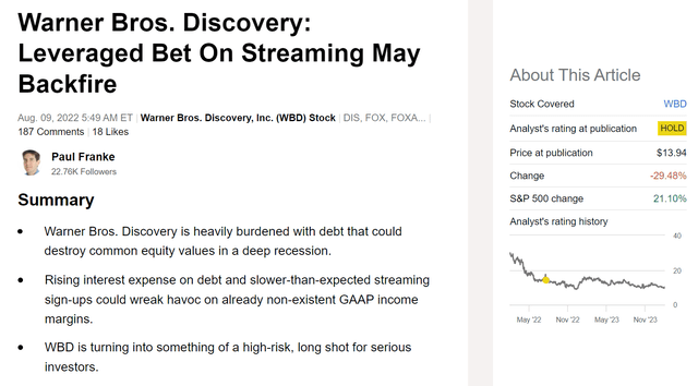 Seeking Alpha - Paul Franke, Warner Bros. Discovery Article, August 9th, 2022