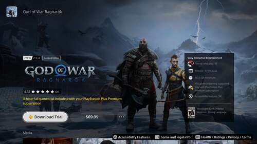 A free trial for God of War: Ragnarok accessible only through PlayStation Plus Premium.