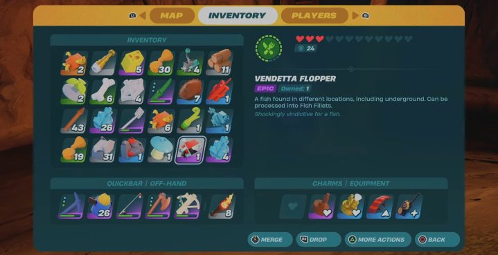 An inventory screen with a vendetta flopper in lego fortnite