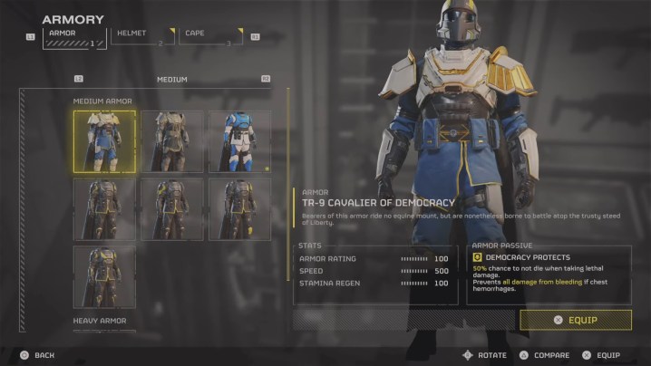 A cavalier of democracy armor set in Helldivers 2