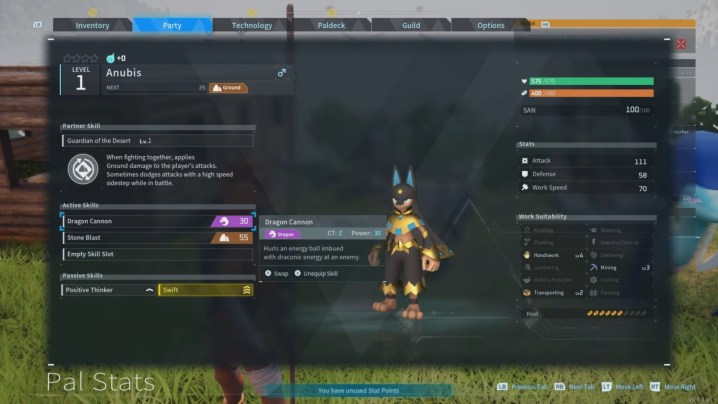 Anubis' stats in Palworld.