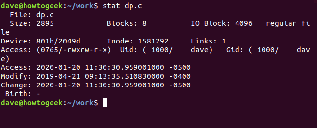 stat dp.c in a terminal window