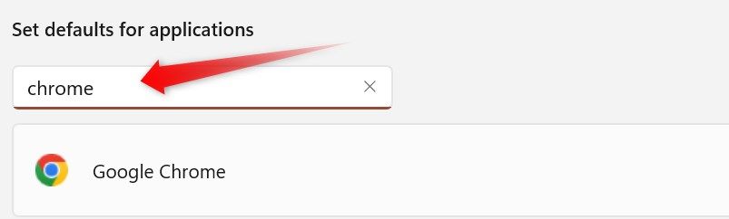Searching for Chrome in the list of default apps in the Windows settings app.