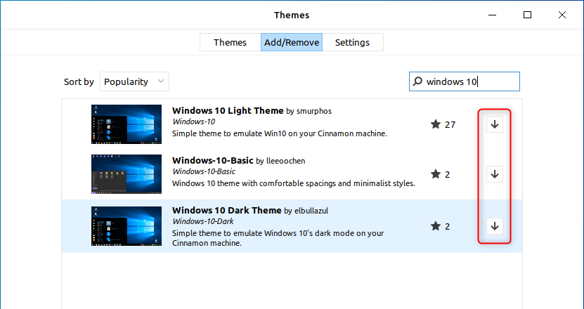 In Cinnamon's theme manager, click the download button next to the theme you want to download.