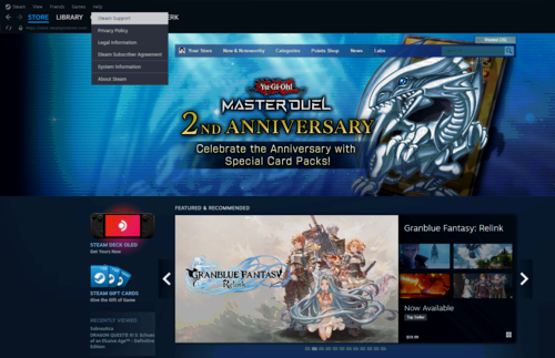 The home page of Steam with the 