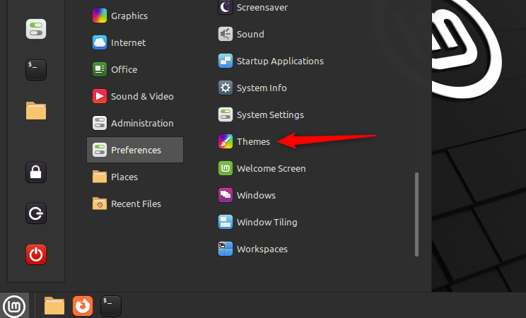 The Themes menu available in the Cinnamon desktop environment.