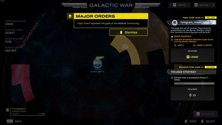 A mission select galaxy map in Helldivers 2.