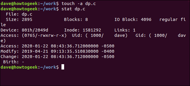 touch -a dp.c in a terminal window