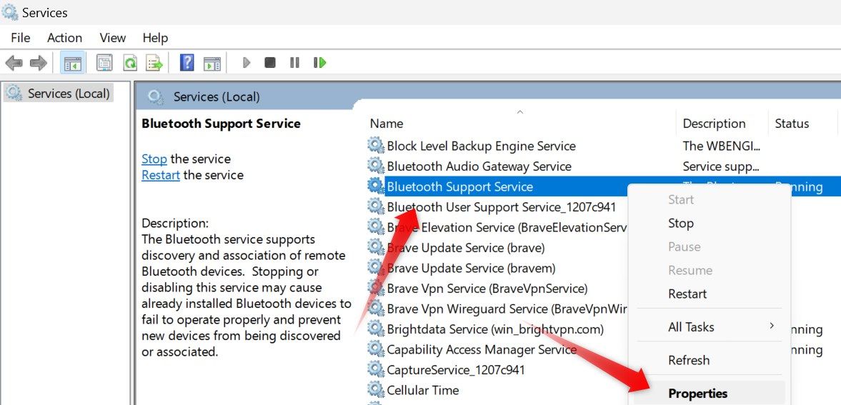 Opening the properties of a Bluetooth Support Service in the Services app.