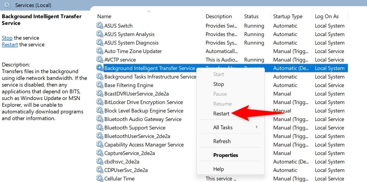 'Restart' highlighted for the 'Background Intelligent Transfer Service' service.