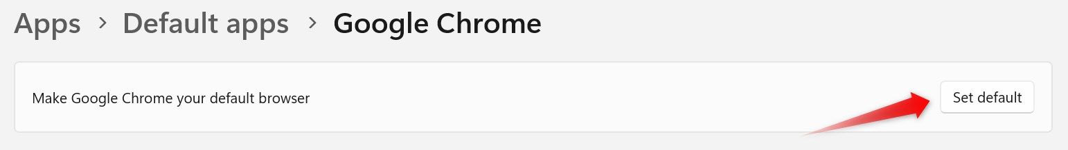 Setting Chrome as default in the Windows Settings app.