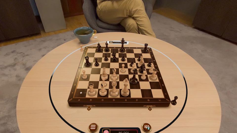 Image of Game Room on VisionOS. A virtual chess board sits on a real table in a real environment with an opponent sitting across.