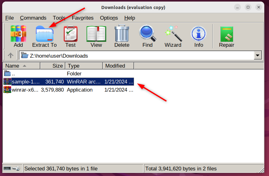 extracting a sample.rar file in WinRAR (wine)