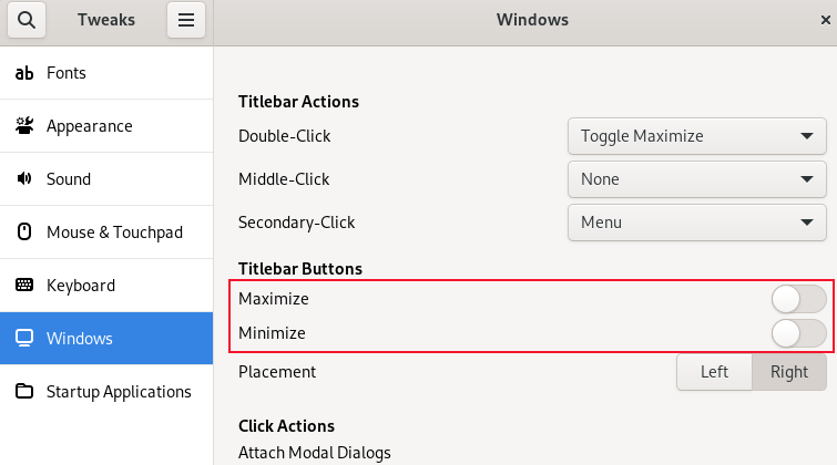 The Windows pane of the GNOME Tweaks tool