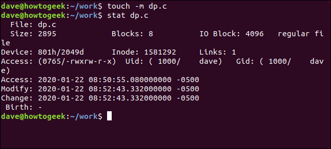 touch -m dp.c in a terminal window