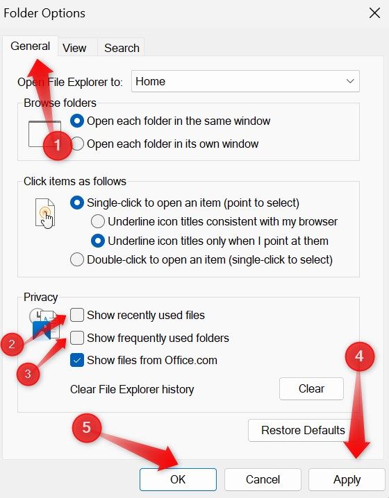 Disabling privacy features in the Folder Options window.