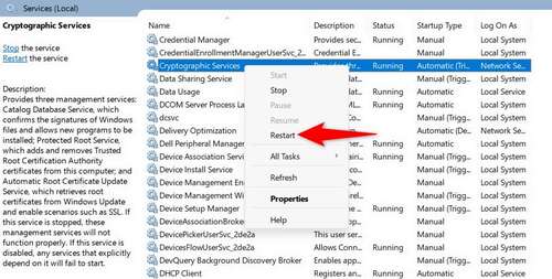'Restart' highlighted for the 'Cryptographic Services' service.