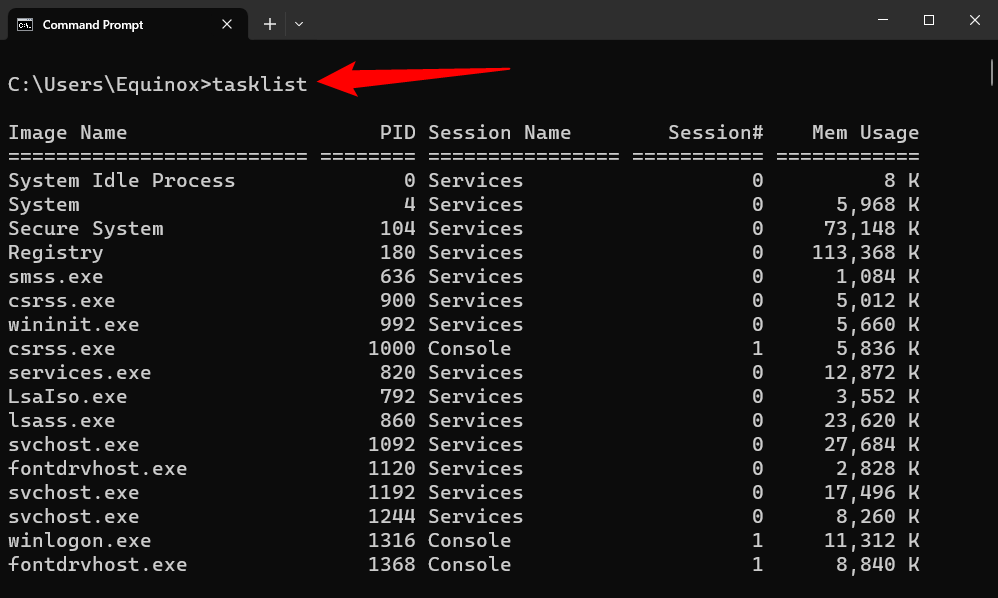 The tasklist command running in Command Prompt. 