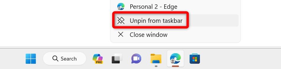 Unpinning Microsoft Edge from the taskbar on Windows 11.