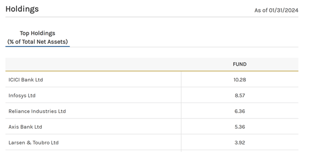 India Investment Fund Top Holdings