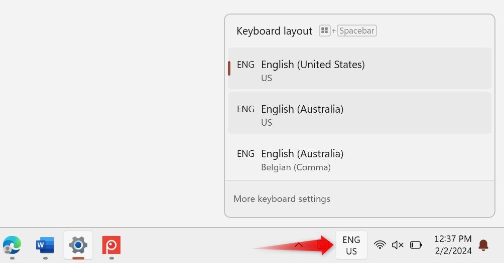 Changing the keyboard layout via shortcut from system tray.