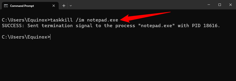 Ending the Notepad process with the taskkill command. 