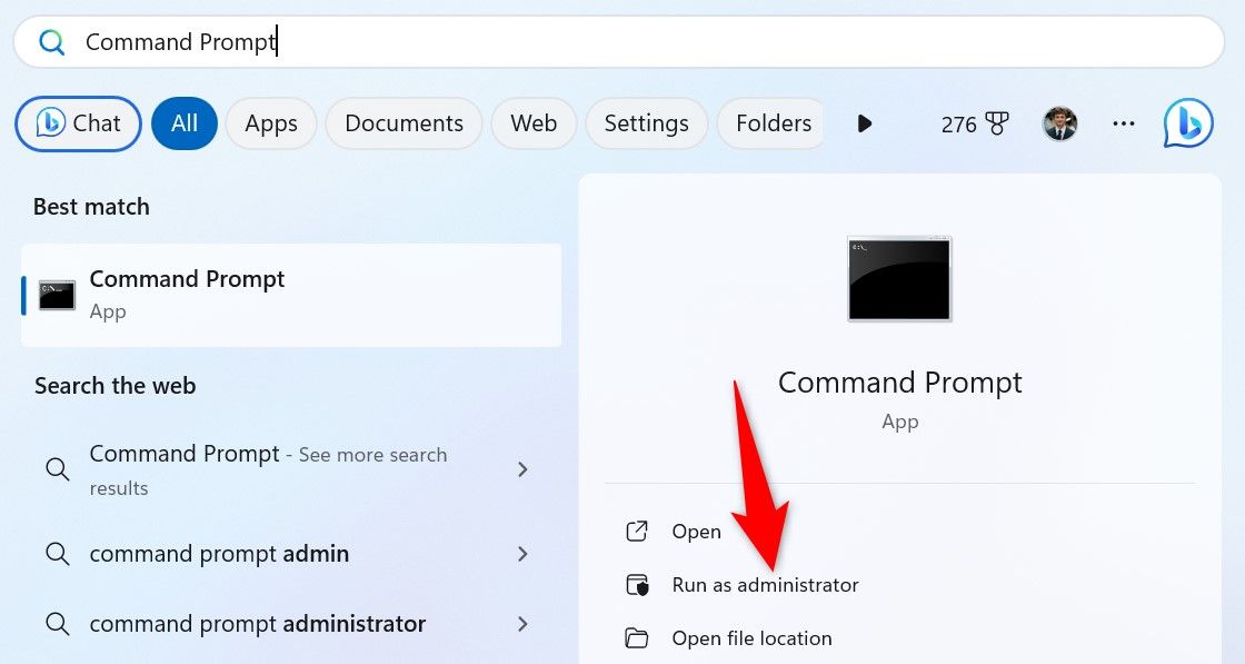 'Run as Administrator' highlighted for Command Prompt in Windows Search.