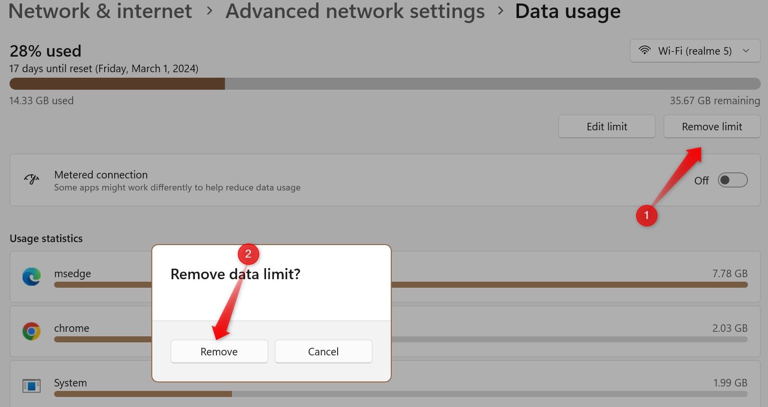 Removing the data usage limit from the Windows Settings app.