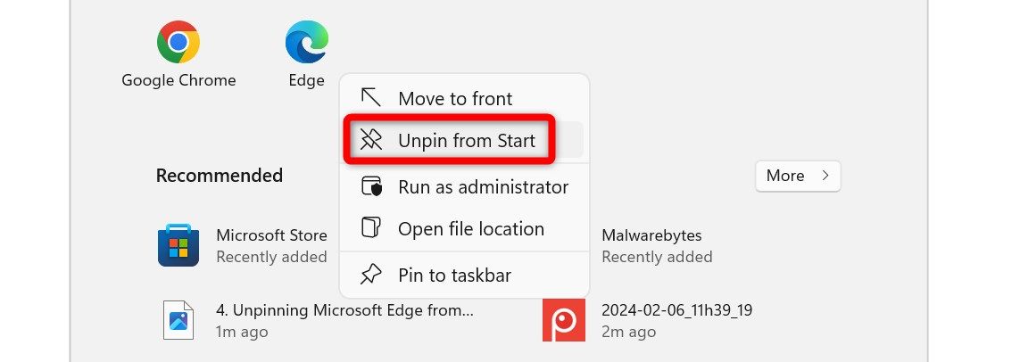 Unpinning Microsoft Edge from Start on Windows.