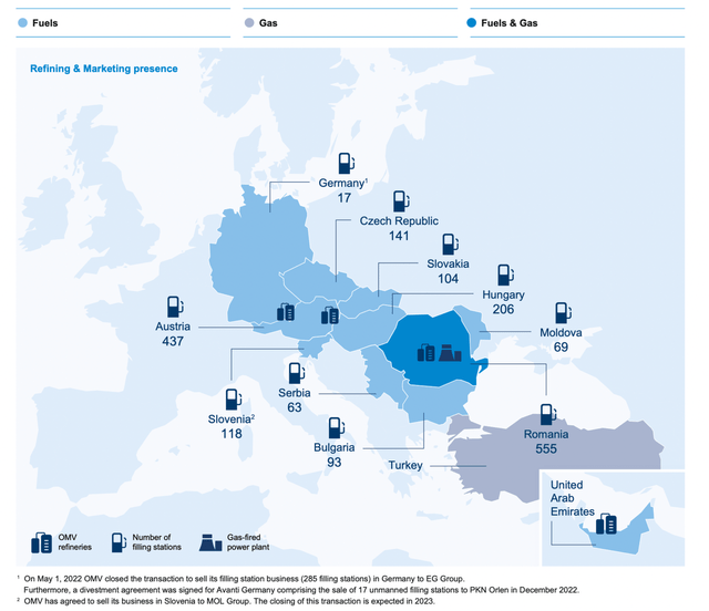 Map with locations of OMV refineries and filling stations