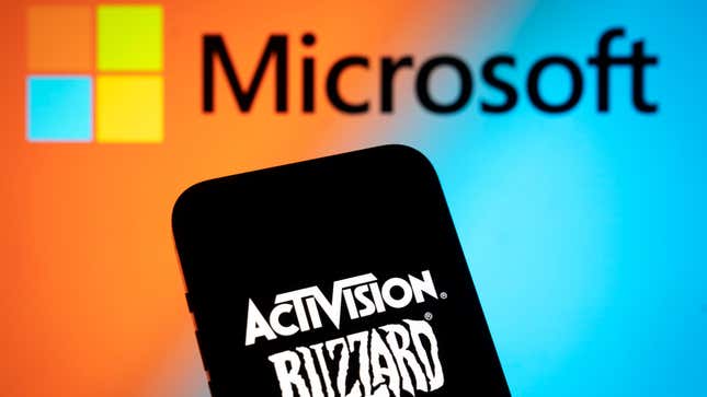 The Activision Blizzard logo is superimposed over the Microsoft logo.