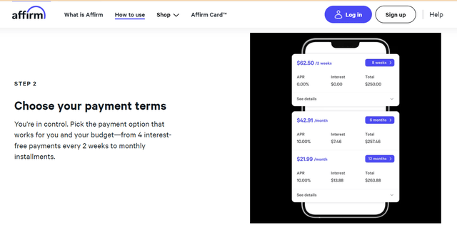 Three Options to pay with Affirm