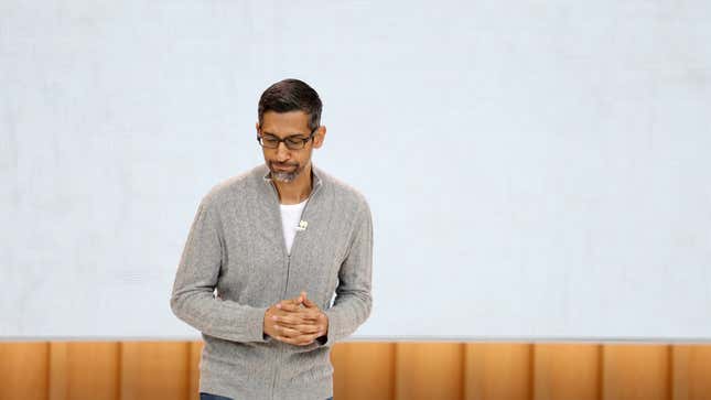 A photo of Google CEO Sundar Pichai at Google I/O in 2023.