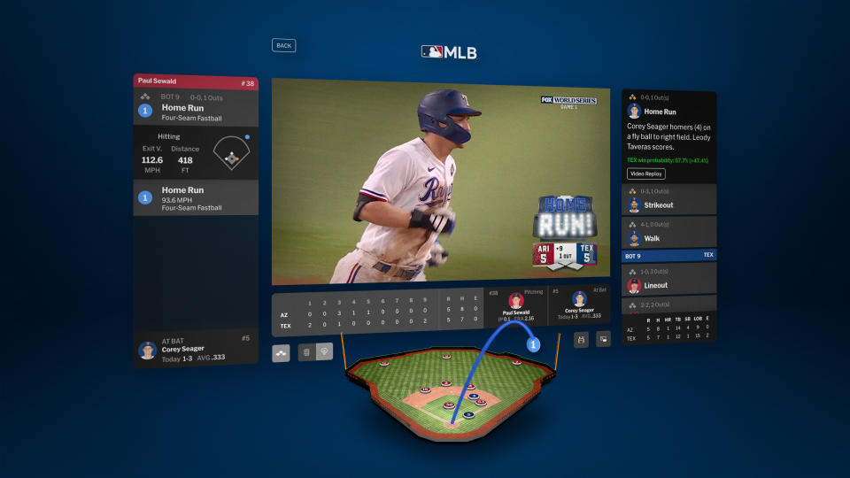 The Major League Baseball app on VisionOS. A window showing a player rounding the bases in center with stats to either side and a visualization of his home run below.