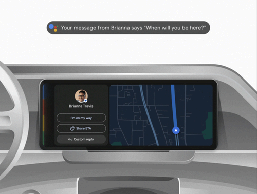 Android Auto displayed on a rendering of a car infotainment screen showing a message to a contact named Brianna Travis asking 