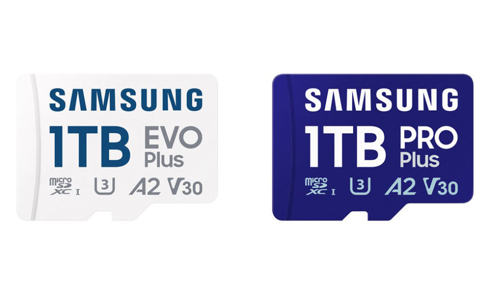 Product image for a 1TB Samsung microSD card. Two cards (one white, another blue) against a white background.