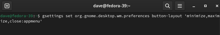 Using the gsettings command to position the minimize and maximize buttons to the left hand end of the titlebar